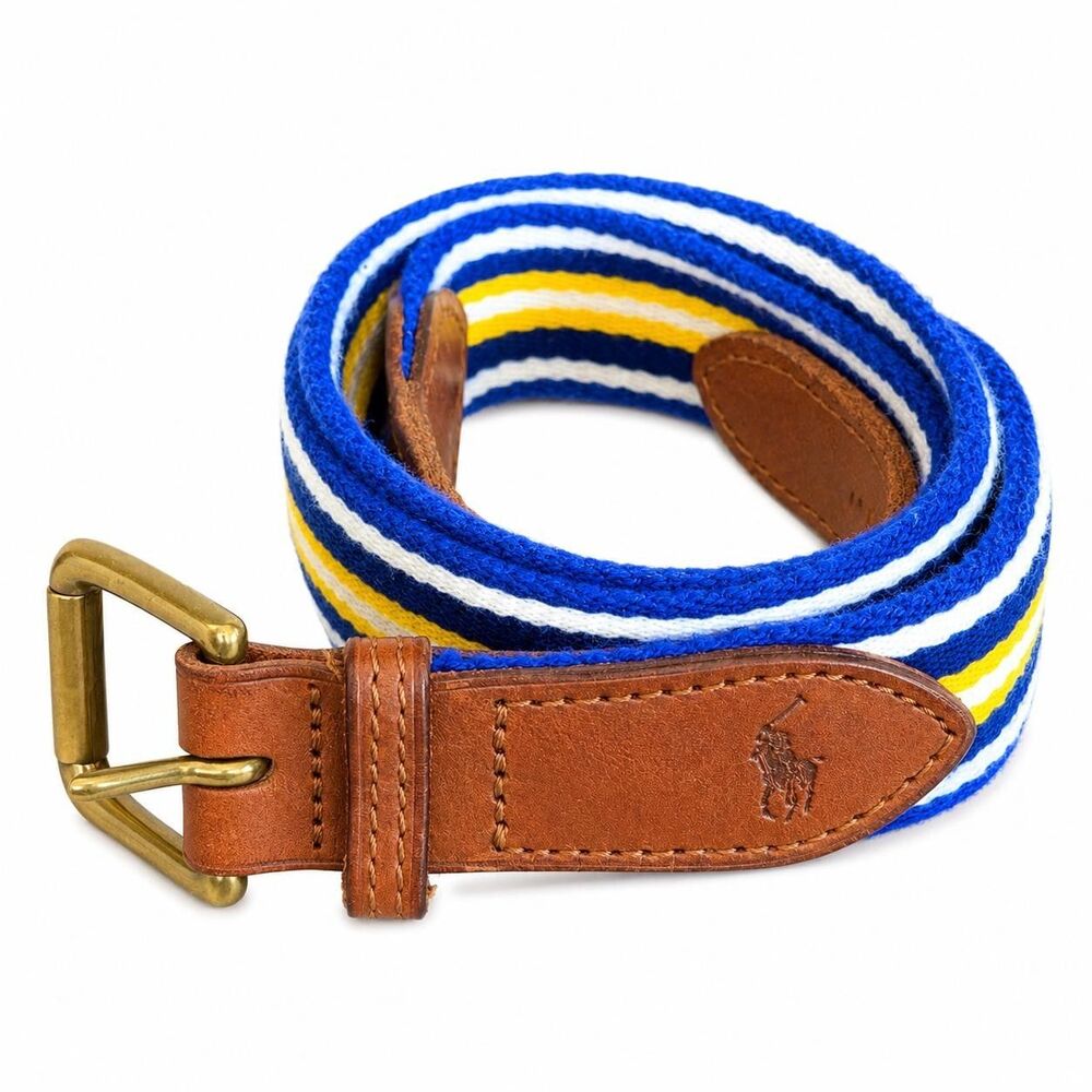 Polo Ralph Lauren Mens Striped Blue Yellow Wool Blend Web Belt Size 32